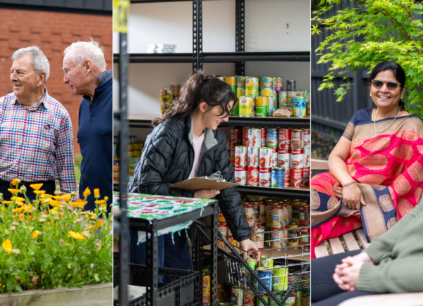 This image contains three photos. Image 1 on the left has two older men outdoors in a flower garden who are volunteering. Image 2 in the middle has a young woman in a food pantry indoors. Image 3 on the right has two women talking to each other outdoors.