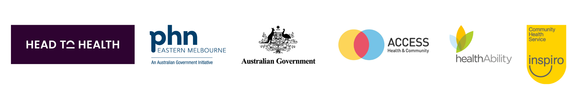 Head to Health, EMPHN, Australian Government, AccessHC, healthAbiliy and Inspiro logos