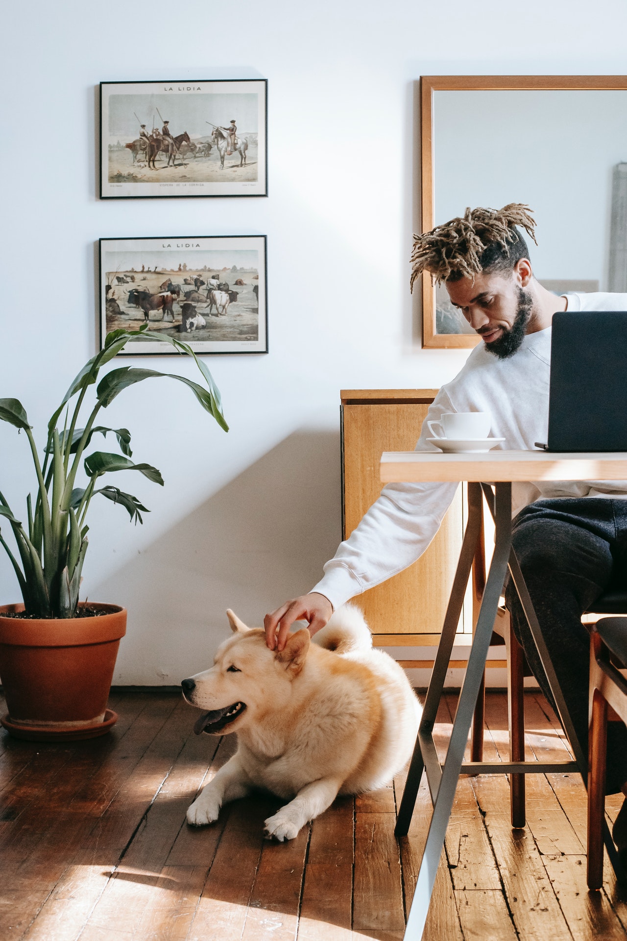 A man bends over to pat his large dog